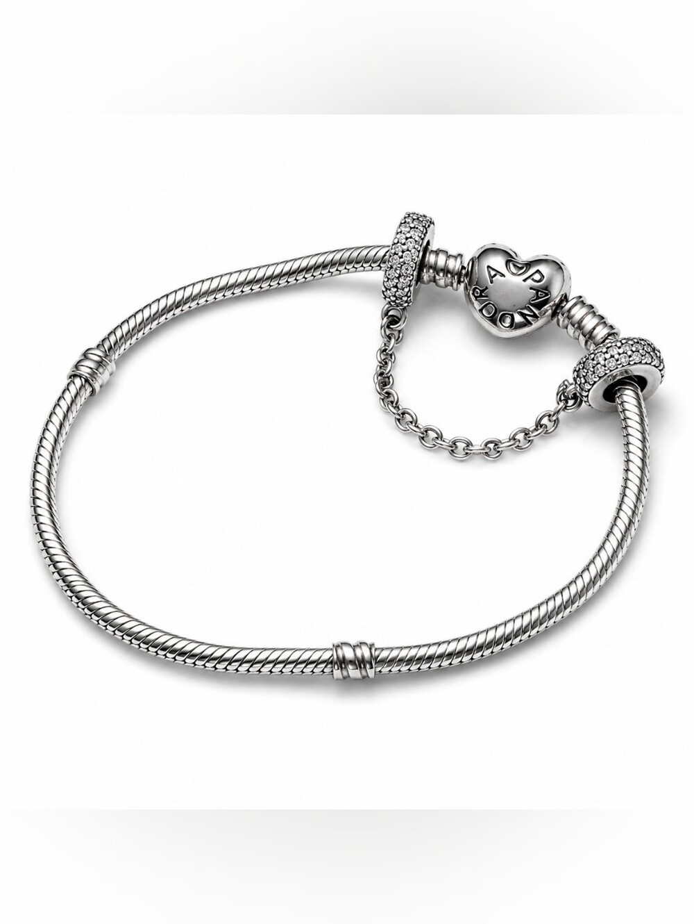Authentic Pandora Heart Clasp Bracelet with Sparkling Pavé Safety Chain S925 ALE